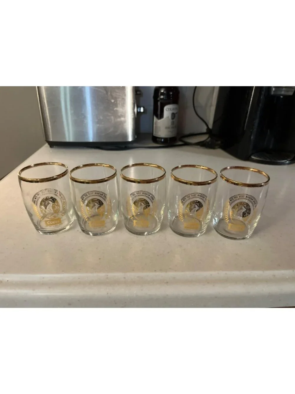 Vintage Coors Gold Rim Shot Glasses Set of 5 Rocky Mountain Cordial Barware Used